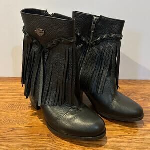 Harley Davidson Retta Fringe Leather Ankle Boots Black Women’s 6.5 Moto Boho